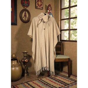 Unbranded Wool Blend Poncho Women OS Beige Excellent Fringe Scarf Button Front